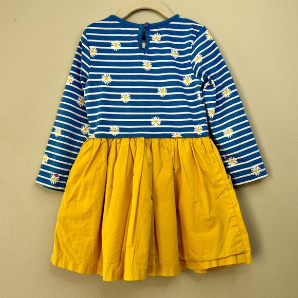 MINI BODEN Striped Daisy Dress Girls 4-5 4T 5T Blue Mustard Yellow Button Skirt - Picture 2 of 10